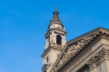 The towers of St. Stephen's Basilica in Budapest in winter sunshine