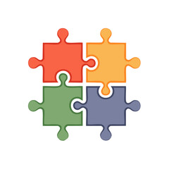 Fototapeta premium Four colorful jigsaw puzzle pieces joined together, symbolizing teamwork and collaboration.