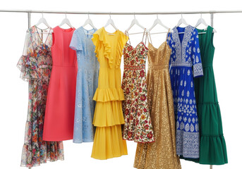 Assortment of colorful womens dresses hanging on a rack, isolated on transparent background