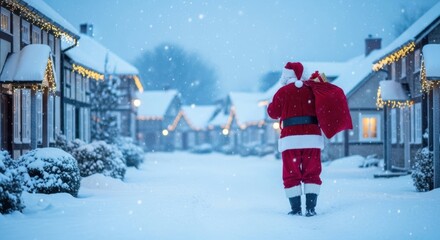 Santa Claus walking with red sack down snowy village street lined with glowing Christmas lights, serene winter tradition