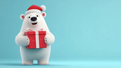 Adorable 3d polar bear character wearing a santa hat, holding a christmas gift box, for cheerful xmas present seasonal promotions and advertising