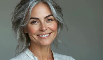 Portrait of a Beautiful Smiling Caucasian Mature Woman with Gray Hair Looking at the Camera, Studio Background