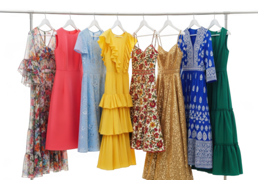 Assortment of colorful womens dresses hanging on a rack, isolated on transparent background
