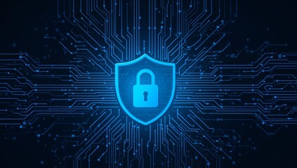 Abstract Shield and Circuitry Design, Blue, with Glowing Highlights and Dark Background.