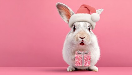 Fototapeta premium Adorable 3d rabbit with large ears wearing a santa hat, holding an xmas gift box, ideal for cheerful easter and christmas promotions, bunny figure with present