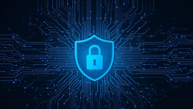 Abstract Shield and Circuitry Design, Blue, with Glowing Highlights and Dark Background.