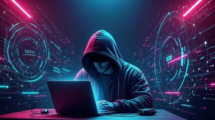 Hacker in a hoodie using a laptop with futuristic digital background - Powered by Adobe
