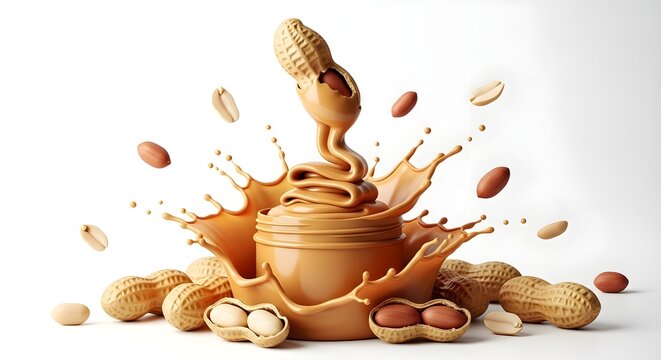 Creamy peanut butter jar with splash and peanuts on a clean white background