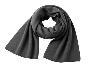 A dark grey knitted scarf, elegantly draped and isolated on a transparent background, showcasing its texture and warmth for winter fashion