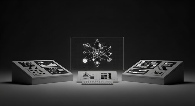 Scientific research control panel with glowing atomic model diagram display.
