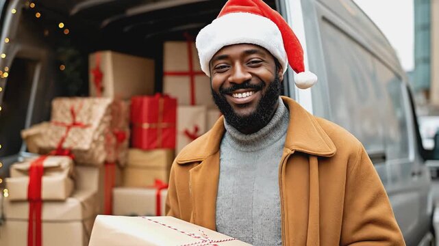 Smiling African American delivery man wearing Santa hat holds wrapped Christmas gift in front of an open van full of packages. Christmas delivery