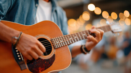 Fototapeta premium Close-up of a musician playing acoustic guitar