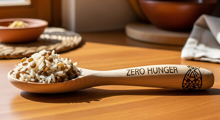 Zero Hunger message on spoon with rice and lentils