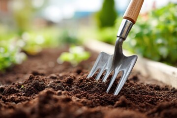 Close-up of a garden fork in rich soil