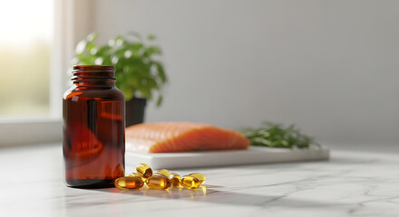 Fish oil capsules and salmon fillet for healthy living