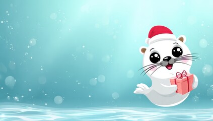 Adorable 3d seal pup wearing a santa hat and holding a christmas gift box while swimming in blue water, xmas sea scene