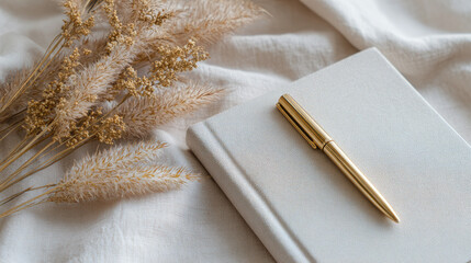Flat lay of beige notebook and gold pen — premium minimal stationery, aesthetic calmness, harmonious composition