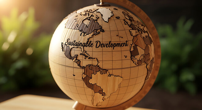 Wooden globe with "Sustainable Development" text, eco focus