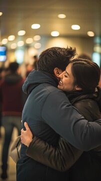 A couple hugging in a crowded airport. The man is wearing a blue jacket and the woman is wearing a black jacket