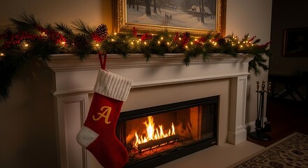 Cozy Christmas fireplace adorned with festive garland, glowing embers, and a personalized stocking.