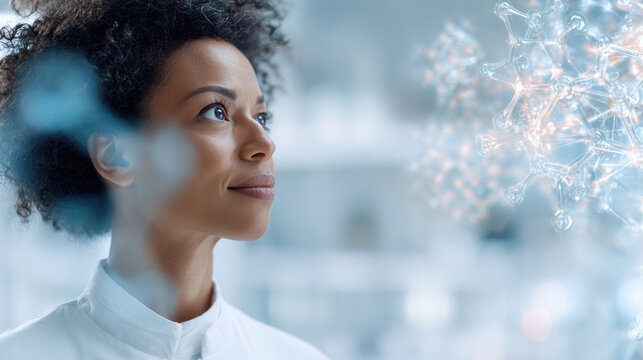 Female scientist studying holographic molecular structure in serene white lab, glowing details, focused research