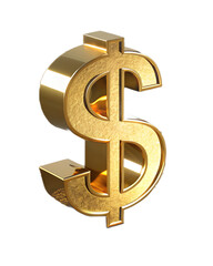 Obraz premium Golden 3D dollar sign, isolated on transparent background, reflective metallic finish.