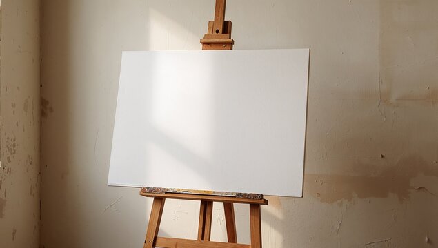 Empty Canvas and Wooden Easel A Study in Textures, Forms, and Warm Light.