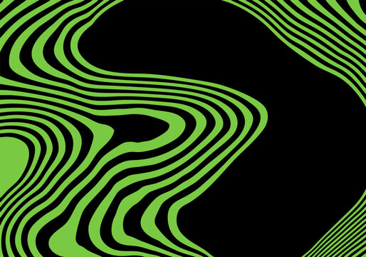 Intense neon-green pattern of warped stripes on a deep black background for a psychedelic graphic design element. Eps 10