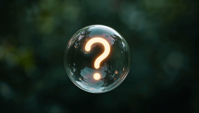 Enigmatic Orb. A Luminous Question Mark Encased in a Translucent Sphere, A Visual Puzzle.