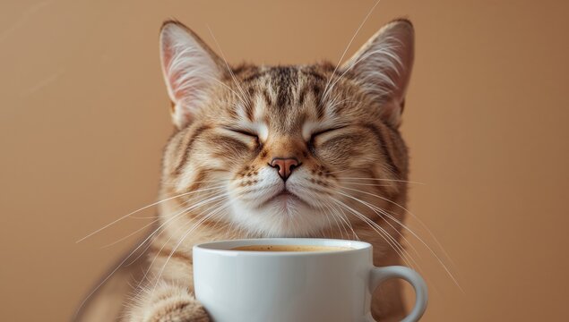 Feline Serenity with Coffee Cup. A Study in Texture, Tone, and Tranquil Compositions. - Powered by Adobe