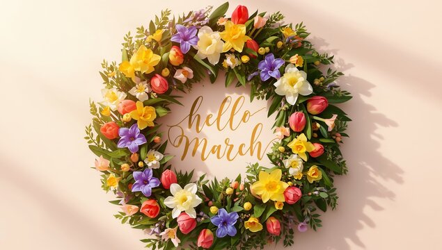 Floral Circle with Inscription, Decorative Floral Composition on Light Background.