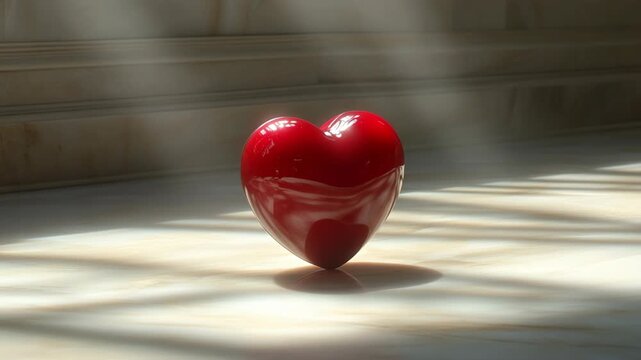 A red heart is sitting on a white floor. The heart is the only object in the image