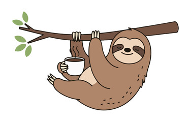 Naklejka premium Adorable cartoon sloth enjoys a relaxing coffee break while hanging from a tree branch, embodying a slow living lifestyle and morning comfort.