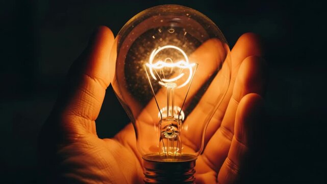 Hand illuminating vintage edison bulb in warm glow creativity and innovation concept