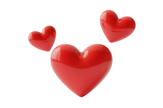 Three glossy red hearts