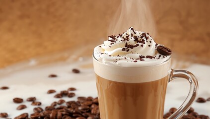 Frothy Delight. A Steaming Beverage with Toppings, Chocolates, and Coffee Beans.