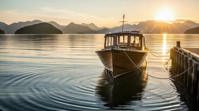 Serene sunrise over lake as wooden boat creates ripples near dock