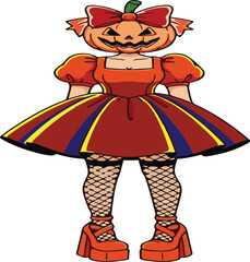 Costumed character featuring a smiling pumpkin head adorned with a red bow and a festive red dress