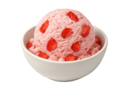 Scoop of strawberry ice cream with fruit pieces in a white bowl, refreshing sweet frozen dessert