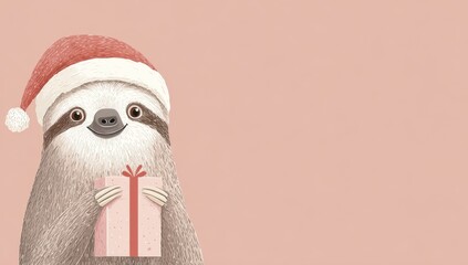 Obraz premium a cute, happy Sloth wearing a santa claus hat and holding a gift box, isolated on a pastel pink background