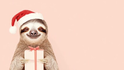 Obraz premium a cute, happy Sloth wearing a santa claus hat and holding a gift box, isolated on a pastel pink background