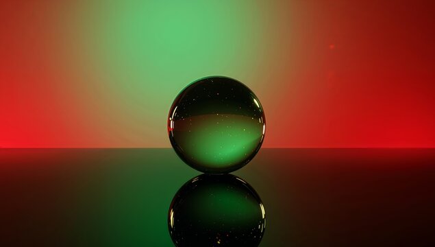 Luminous Sphere Resting on Glossy Surface with Red and Green Gradient.