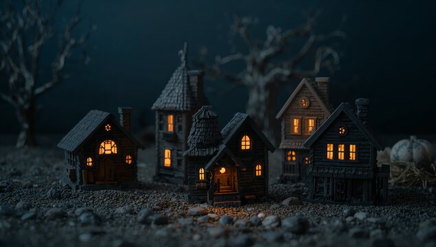 Miniature Village. Illuminated Homes Amidst Barren Trees and Textured Ground, At Twilight.