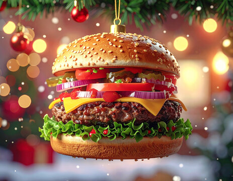 Delicious burger hanging from a Christmas tree, macro shot. AI - Powered by Adobe