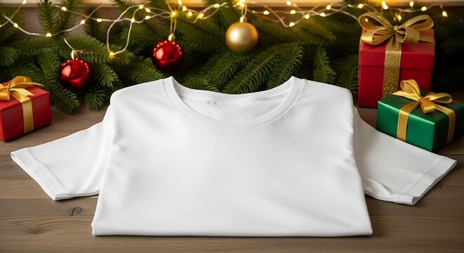 Blank white t-shirt ready for festive holiday customization with gifts and twinkling lights