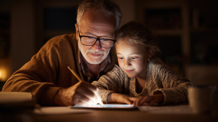 Father teaching daughter traditional calligraphy on glowing digital tablet, intergenerational learning, fusion of art and technology, emotional bonding, modern education, creative heritage