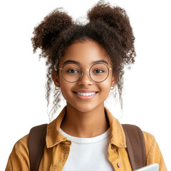 Obraz premium Studio portrait of smiling african american teen girl, online course or high school student holding laptop isolated on white transparent background
