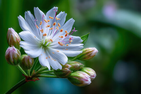 White flower with buds on green background - Powered by Adobe