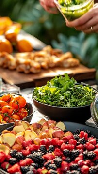 A table full of fruits and vegetables, including grapes, oranges, and apples. A person is reaching for a glass of something