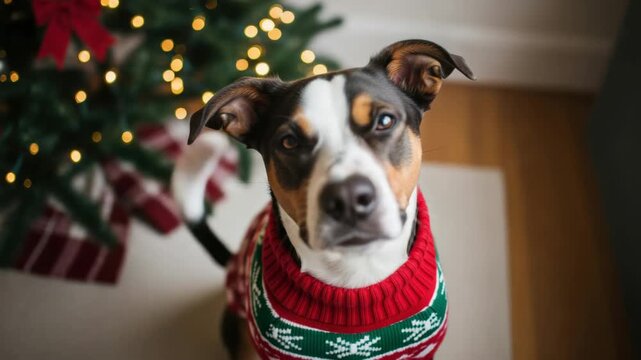 Festive dog posing by christmas tree in cozy home setting with holiday lights